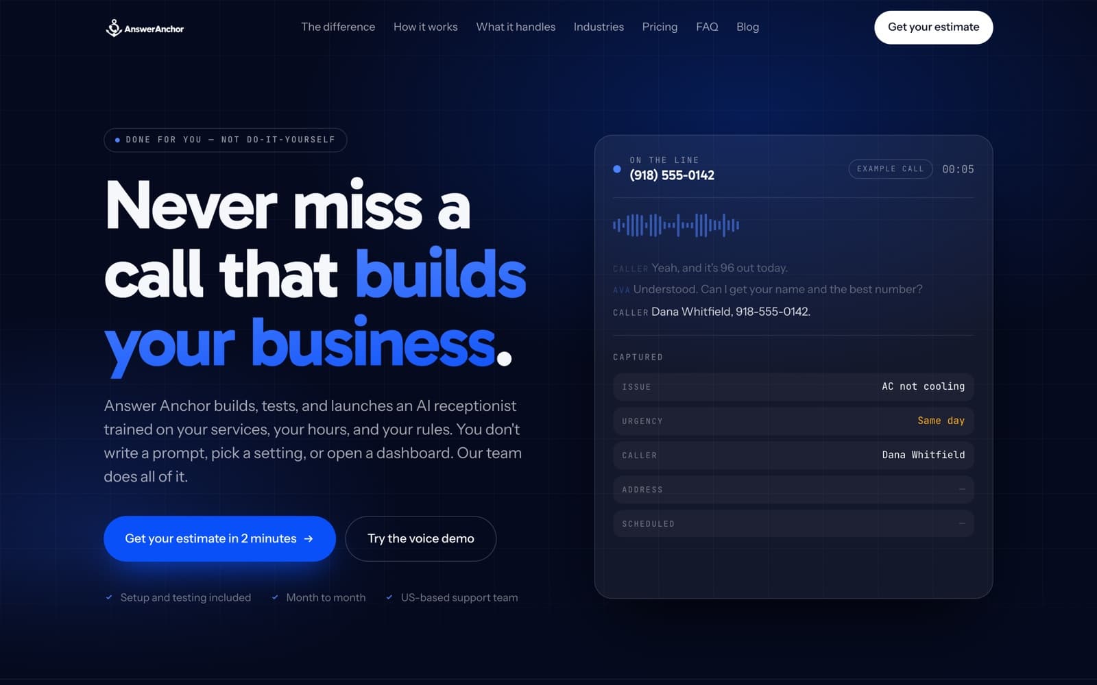 Answer Anchor homepage hero — “Never miss a call that builds your business”, with a live example call