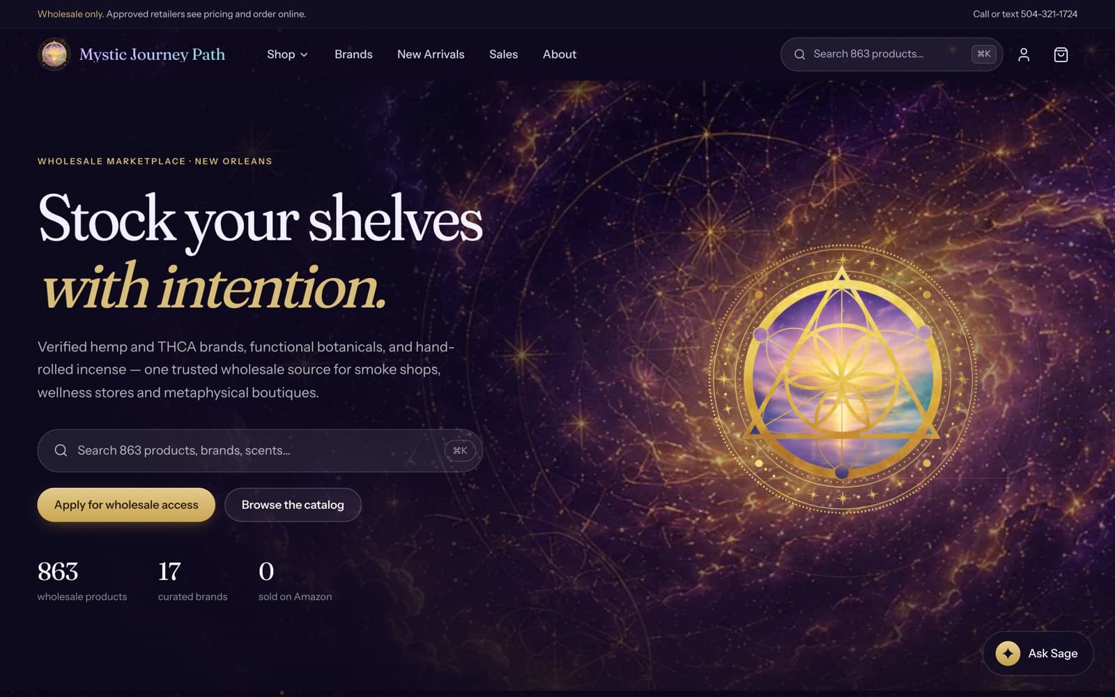 Mystic Journey Path homepage hero — “Stock your shelves with intention”, with instant product search