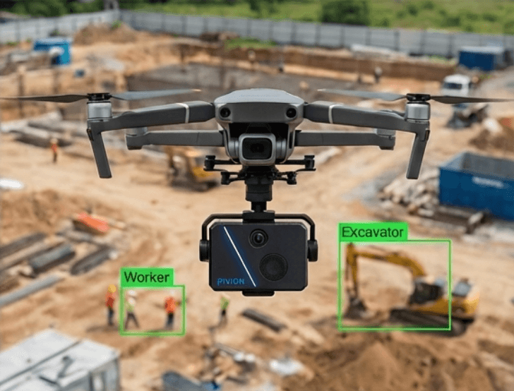Pivion camera on a drone detecting a worker and an excavator